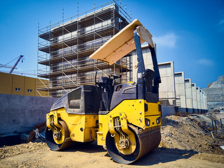 Soil compactor. road roller at construction site.