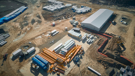 Aerial view of construction site. Outdoor warehouse of building materialsの写真素材