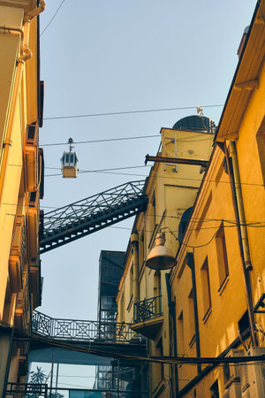 Cable car above street of Tbilisiの写真素材