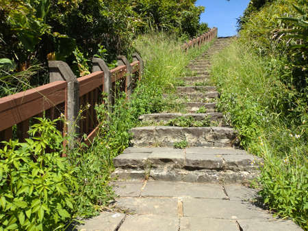 The view of the trail on the mountain with blue sky