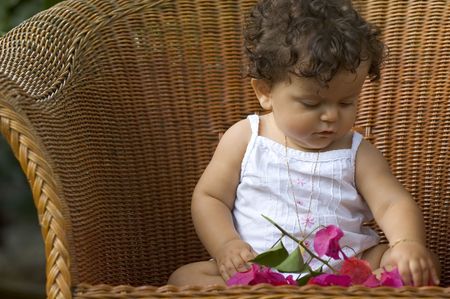 infant in chair with orchidsの写真素材