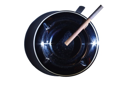 metal ashtray with cigarette isolated on white backgroundの写真素材