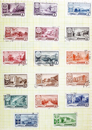 USSR-CIRCA 1952-1961: Soviet stamps with the capitals of the autonomous republics circa 1952-1961の写真素材