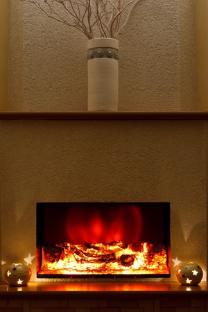 Electric fireplace in the interior of the sceneryの写真素材