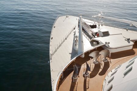 Wide angle view looking forward from bridge wing over bow of large cruise shipの写真素材