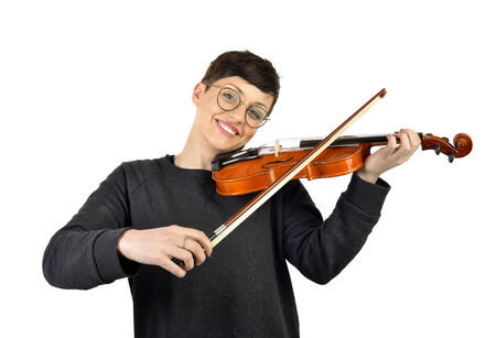 portrait of cheerful woman playing violin on white backgroundの写真素材