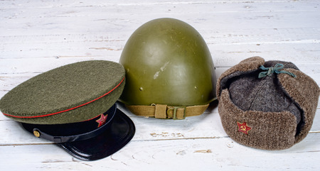 several headpieces soldier of the Red Armyの写真素材