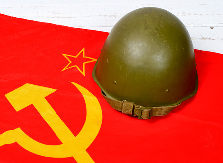 helmet on the flag of the Soviet Unionの写真素材