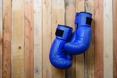 pair of blue boxing gloves hanging on the wall