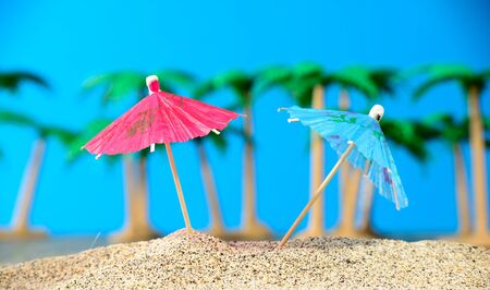 Two small umbrellas on a beach with palm treesの写真素材