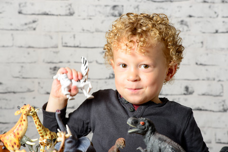 a little child plays with toys animalsの写真素材