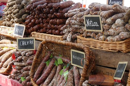 sausages on the market of small French villageの写真素材