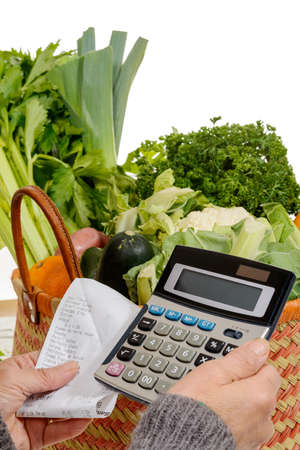 a basket of vegetables with a calculatorの写真素材