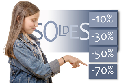 a young teenage girl shows the best discount salesの写真素材