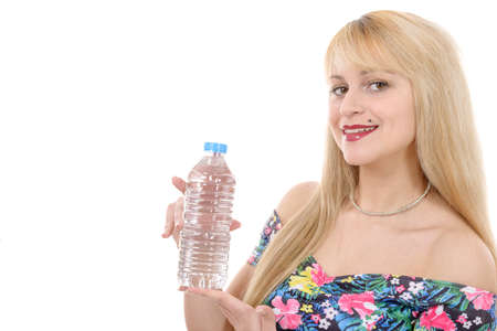 a portrait of young woman with a bottle of water.の写真素材