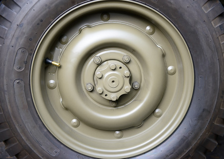 a close up of military vehicle wheelの写真素材