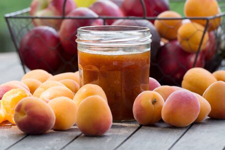 many apricots and pot of jamの写真素材