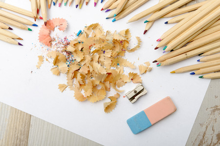the colored pencils, eraser and pencil sharpenerの写真素材