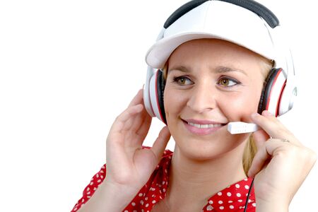 a blond young woman with headset and white cap