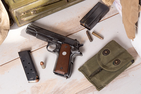 a top view of Pistol semi-automatic .45 caliber with magazine