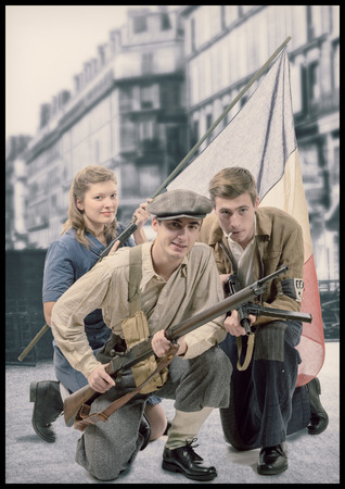 three young french resistants with the riflesの写真素材