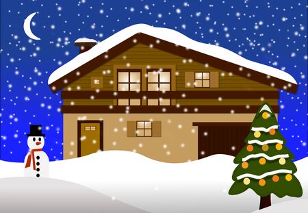 a  wooden chalet with a Christmas treeの写真素材