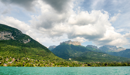 a view of Lake Annecy in the French Alpsの写真素材