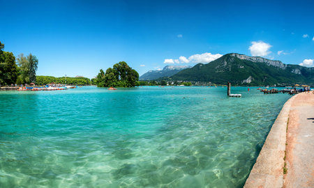 a view of Lake Annecy in the French Alpsの写真素材