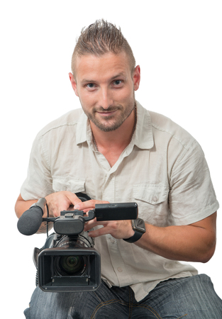 cameraman with professional camcorder  isolated on white background