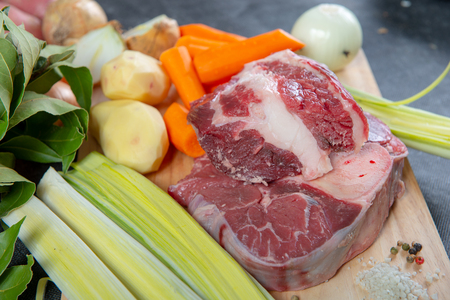 meat and vegetables for preparation of a french pot au feuの写真素材