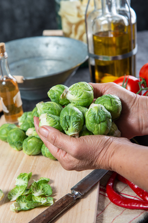 close-up of Brussels sprouts on a wooden tableの写真素材