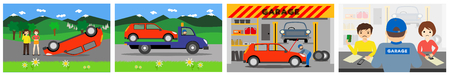 a young couple has an accident and pay the bill, step by stepのイラスト素材