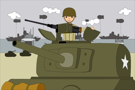 an american sherman tank on the landing beaches in normandy Franceのイラスト素材