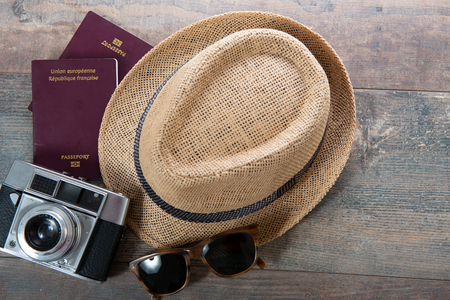 passports, summer hat and camera ready for the holidaysの写真素材