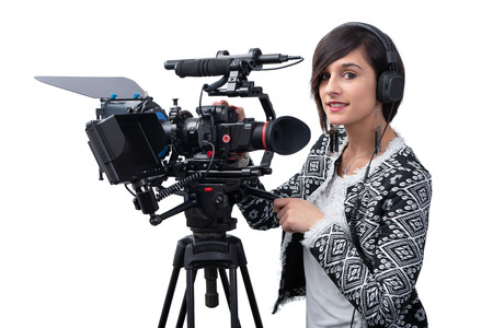young woman with professional video camera, dslr, isolated on the white background