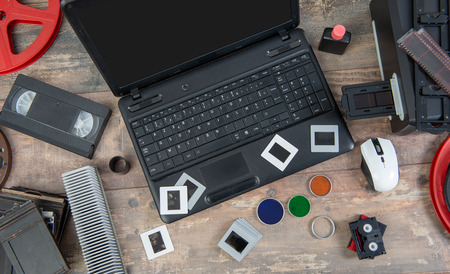 digitizing old slide film 35mm with a laptopの写真素材