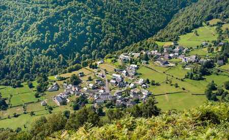 a view of the small village in the french Pyrenees mountainsの写真素材