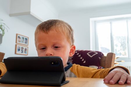 a portrait of toddler boy playing with a smartphone
