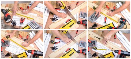 A man made a piece of furniture with various carpentry toolsの写真素材