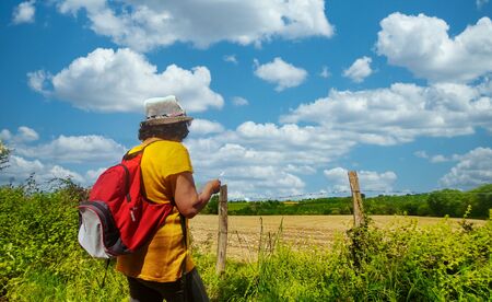 a back view of hiking woman with summer hatの写真素材
