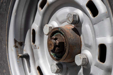 a close up wheel of old vintage carの写真素材