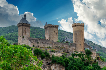 Old medieval castle in Foix city, Ariege, south France.のeditorial素材
