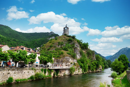 the riverside village of Tarascon sur Ariege, Franceのeditorial素材