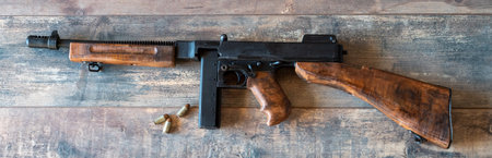Vintage submachine gun Tommy Gun. Weapons of the army and mafia.の写真素材
