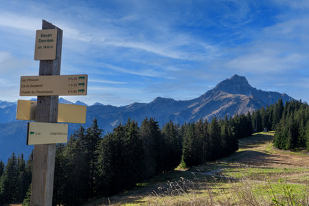 Hiking signpost with the french mountains, Alps, Franceの写真素材
