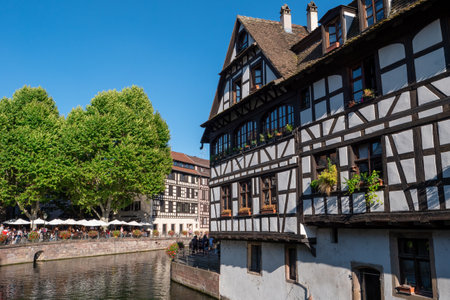 Street with half-timbered medieval houses in Strasbourg city, Alsace, Franceのeditorial素材