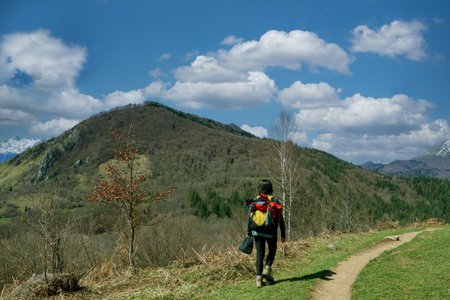 woman hiker on the mountain trail, back viewの写真素材