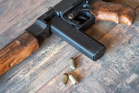 a vintage submachine gun Tommy Gun. Weapons of the army and mafia.の写真素材