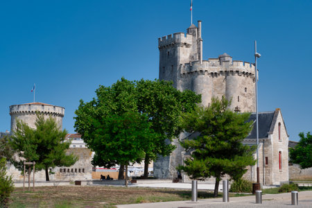 La Rochelle town, France old harbor with medieval castle towers on Atlantic coast of Charente-Maritimeのeditorial素材