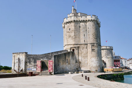 La Rochelle town, France old harbor with medieval castle towers on Atlantic coast of Charente-Maritimeのeditorial素材